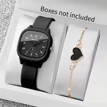 Women's Fashion Watch Set - Arabic Dial with Heart Bracelet (2-Piece)
