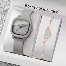 Women's Fashion Watch Set - Arabic Dial with Heart Bracelet (2-Piece)