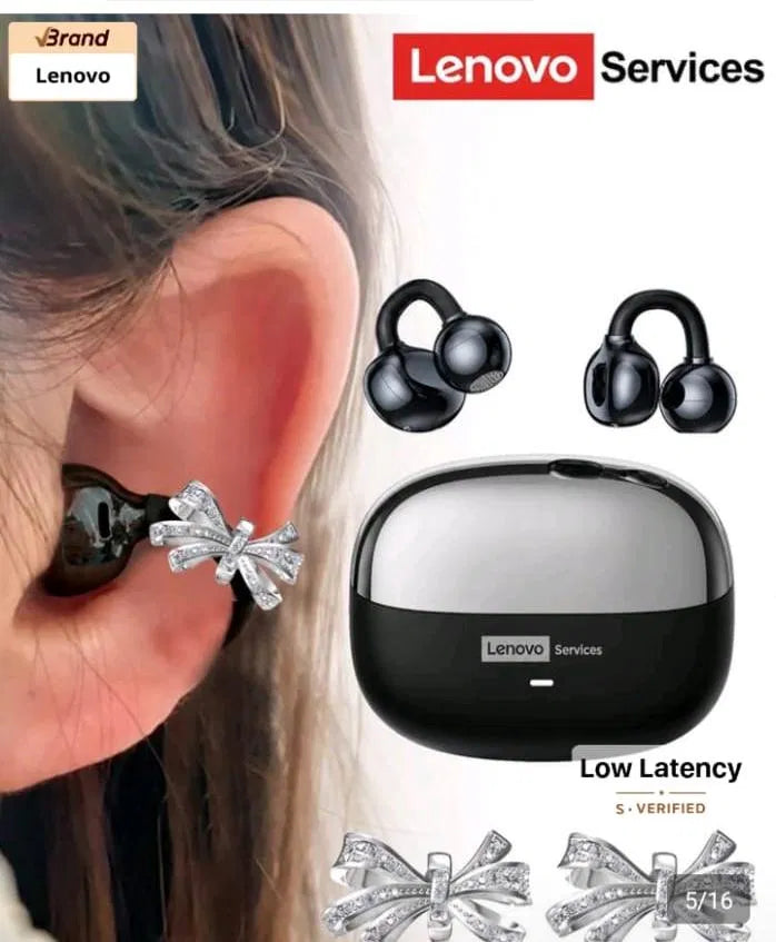 Lenovo LE302 Bluetooth Earbuds with Rhinestone Bow Ear Cuff