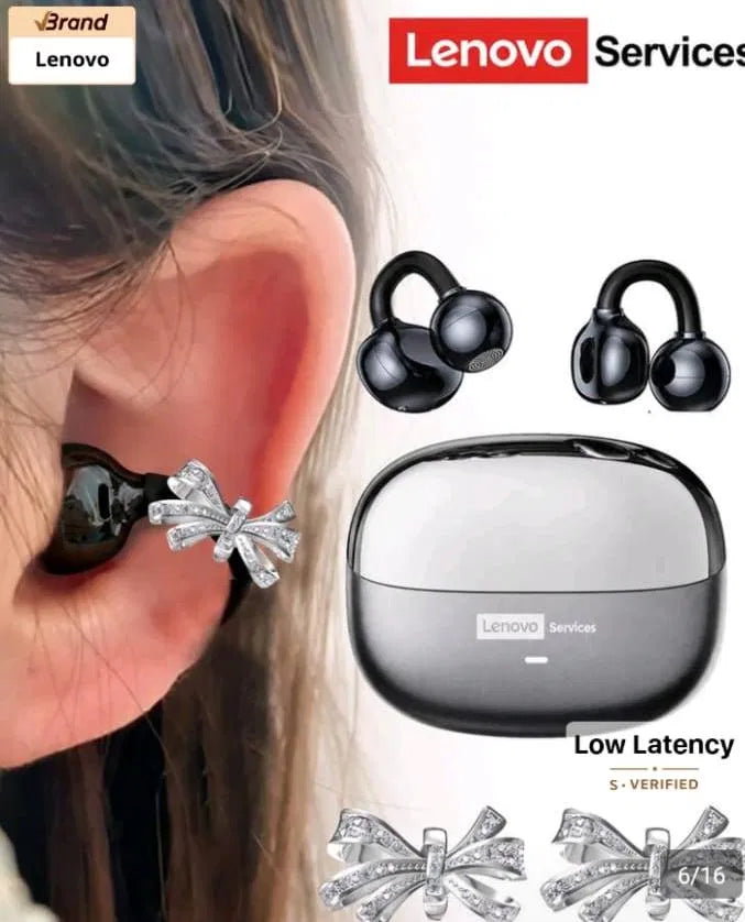 Lenovo LE302 Bluetooth Earbuds with Rhinestone Bow Ear Cuff