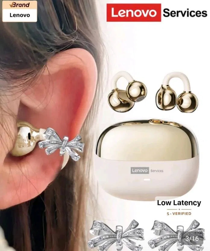 Lenovo LE302 Bluetooth Earbuds with Rhinestone Bow Ear Cuff