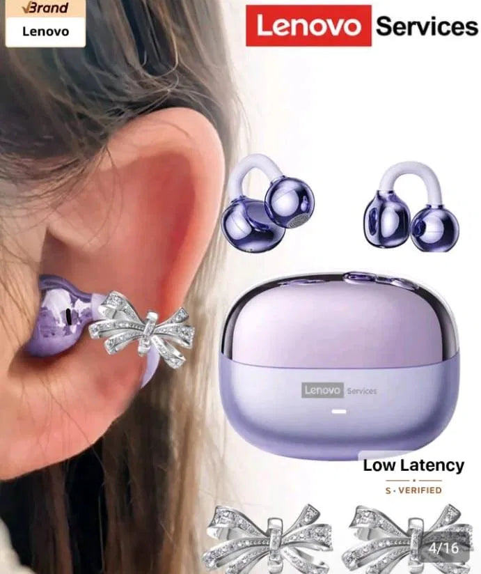 Lenovo LE302 Bluetooth Earbuds with Rhinestone Bow Ear Cuff